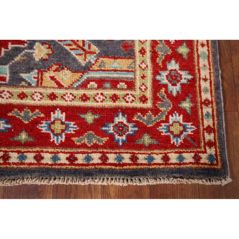 Geometric Kazak Accent Rug Hand-Knotted Blue Wool Carpet - 2'9" x 4'1"