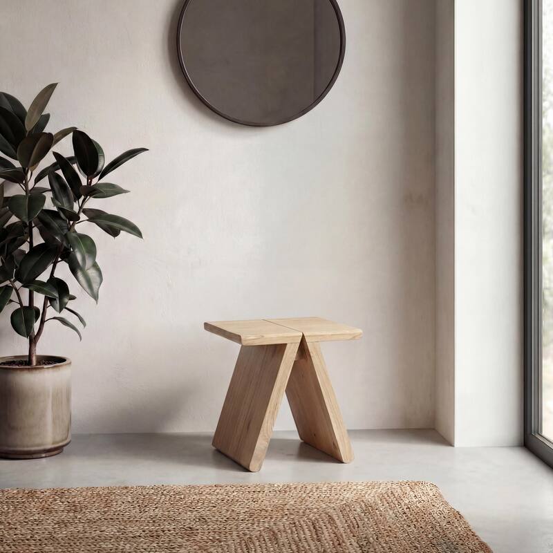 JONATHAN Y Jack Rustic Scandinavian Handcrafted Solid Mindi Wood Sculptural Base Accent Stool