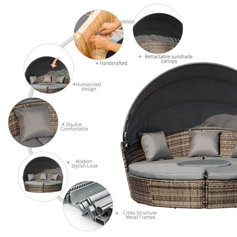 4PCS Rattan Furniture Set, Round Convertible Patio Daybed or Sunbed