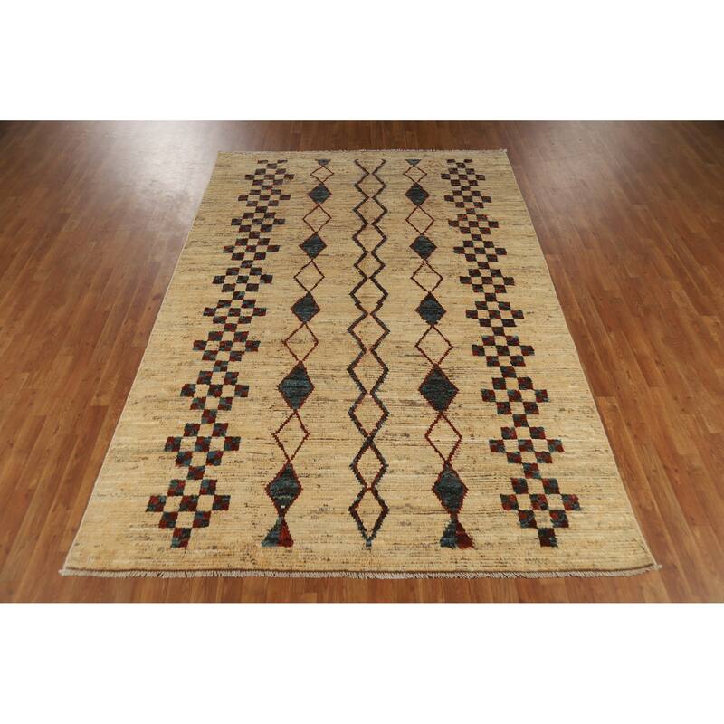 Geometric Moroccan Oriental Area Rug Hand-Knotted Beige Wool Carpet - 6'6" x 9'7"