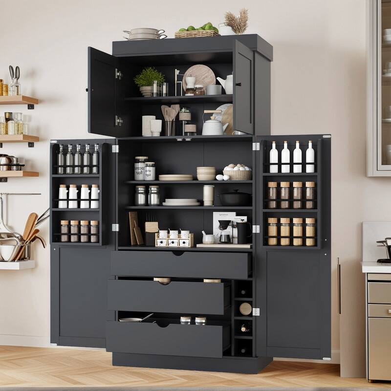 Freestanding 77"Tall Kitchen Pantry with Adjustable Shelves,Door Shelves, Drawers and Wine Racks