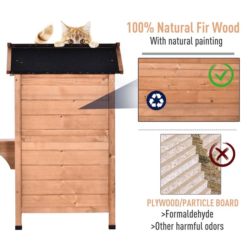 PawHut Fir Wood 2-Story Outdoor Cat House, Wooden Feral Cat Shelter with Openable Asphalt Roof for Indoor/Outdoor, White / Grey