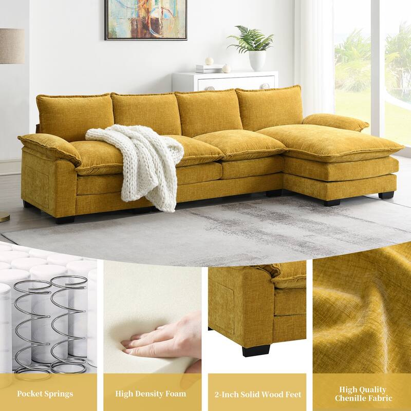 [VIDEO provided][New]118*55" Modern L-shaped Chenille Cloud Sofa with Double Seat Cushions,5-seat Upholstered Indoor Furniture,S