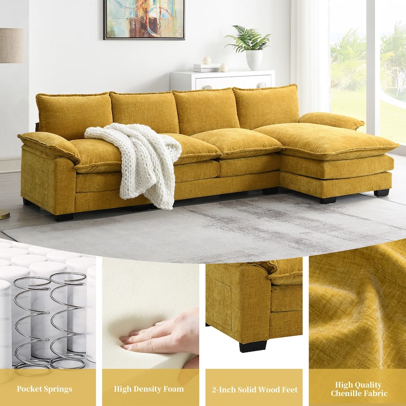 Chenille Upholstered Sectional Sofa with Chaise and Storage Pockets, 5 Seat Lounge Cloud Couch L-shaped Recliner Couches