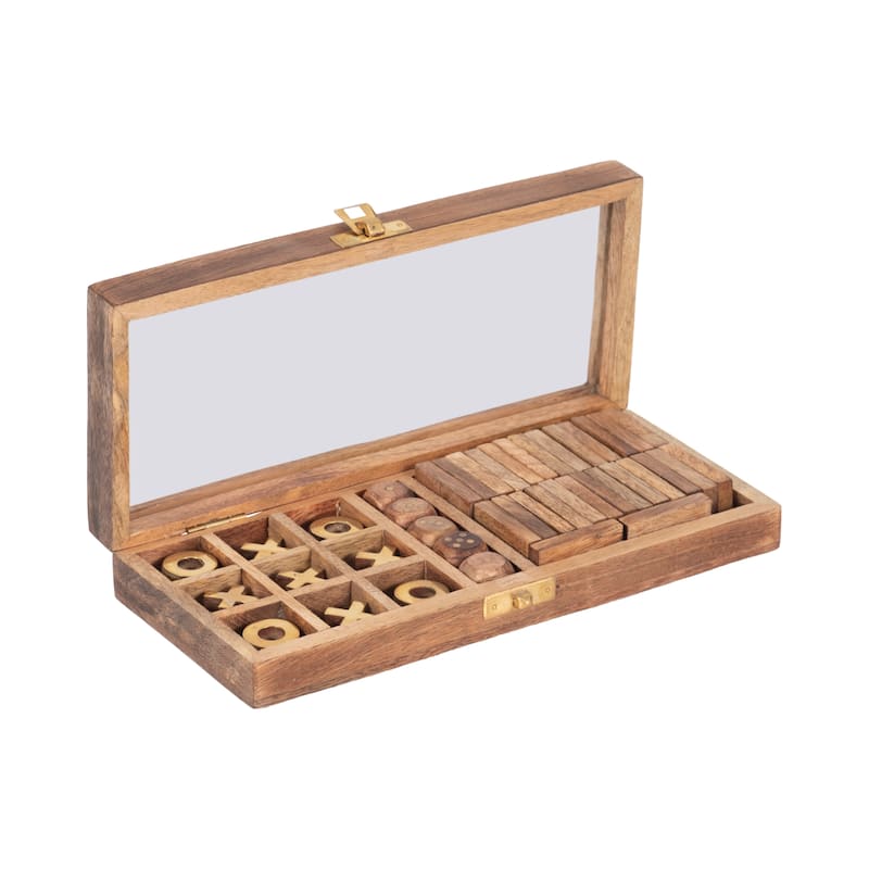 Sagebrook Home 9x4 Mango Wood, Glass & Brass Table Game Box, Elegant Brown Entertainment Piece for Family Gatherings