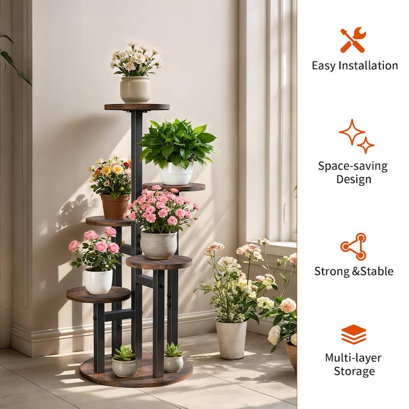 Iron Wood 5-Tier Plant Stand Round Corner Flower Shelf Indoor Outdoor
