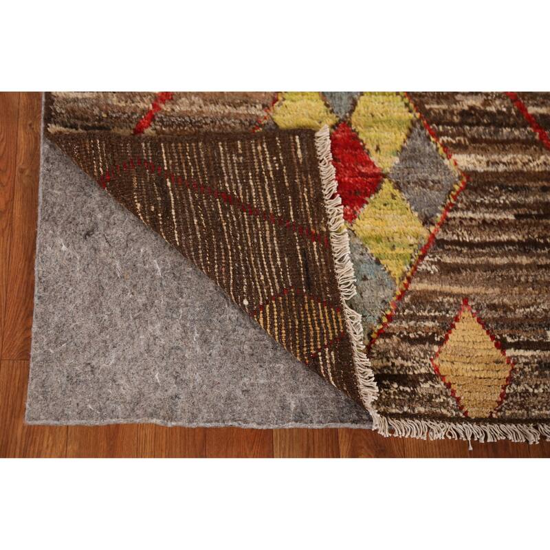 Brown Geometric Moroccan Oriental Runner Rug Handmade Wool Carpet - 2'11" x 9'8"