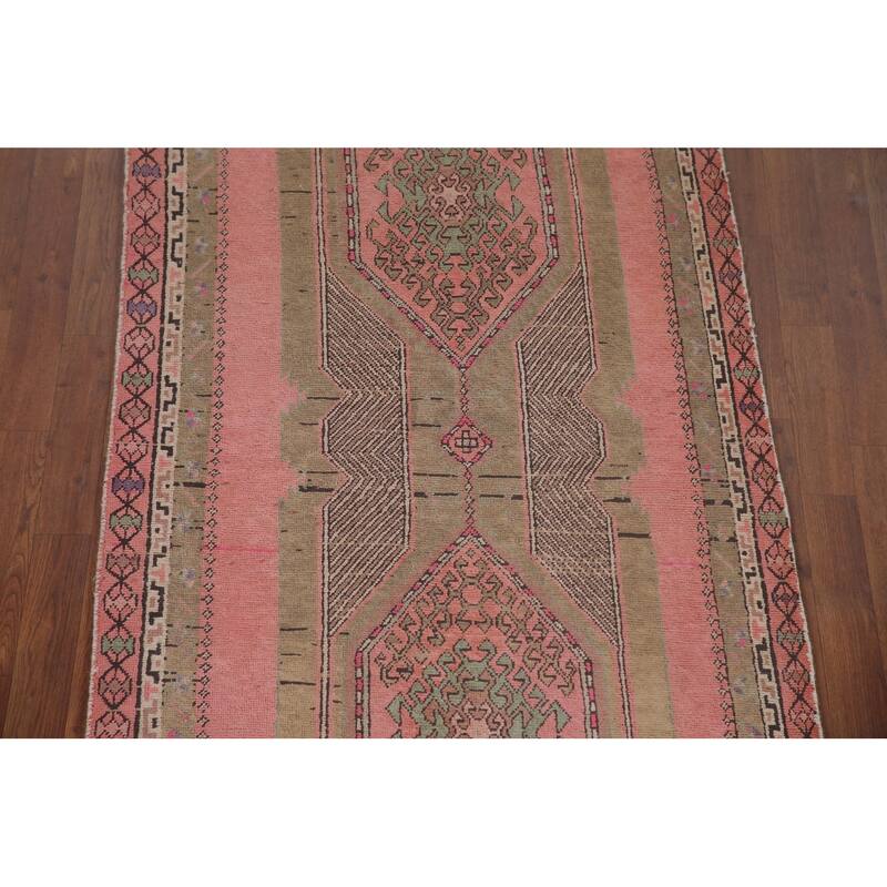 Pink Geometric Sirjan Persian Runner Rug Vintage Handmade Wool Carpet - 3'4" x 12'3"