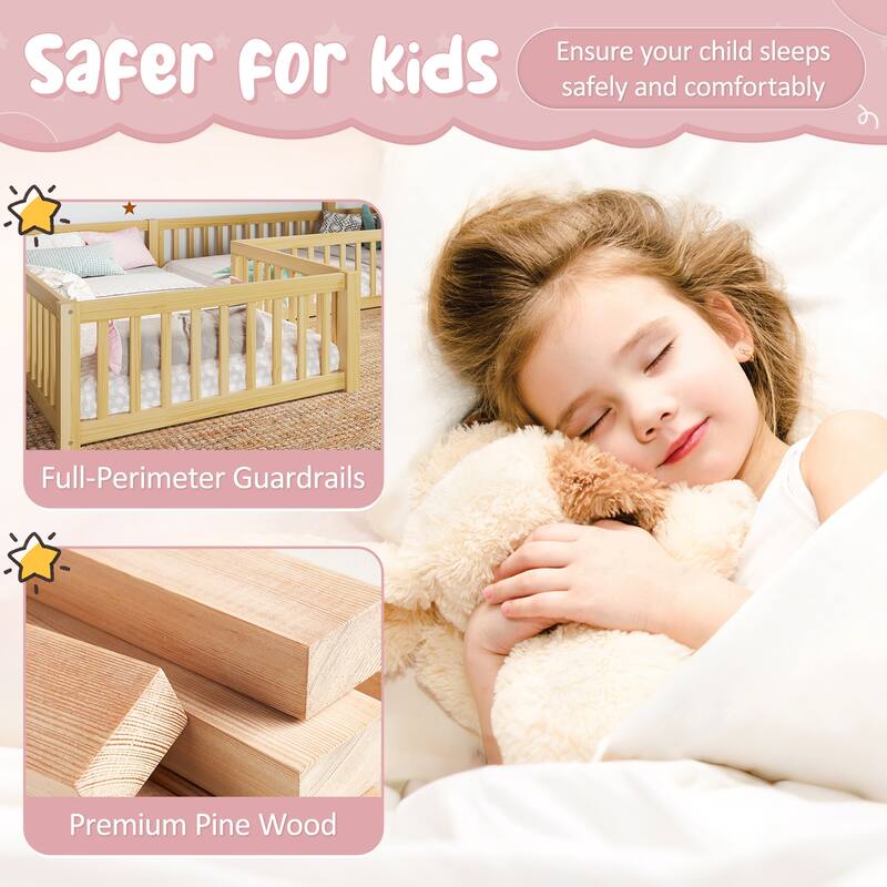 Roomfitters Double House Floor Bed with Door, Solid Wood Frame with Fence Guardrails for Playroom