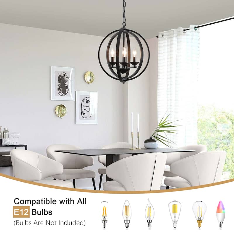 3 - Light Industrial Metal Orb Hanging Chandelier with Adjustable Chain