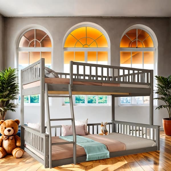 slide 2 of 10, Detachable Design High-Quality Solid Pine Wood Bunk Bed, Full Xl Over Queen Loft Bed, Easy Assembly Grey
