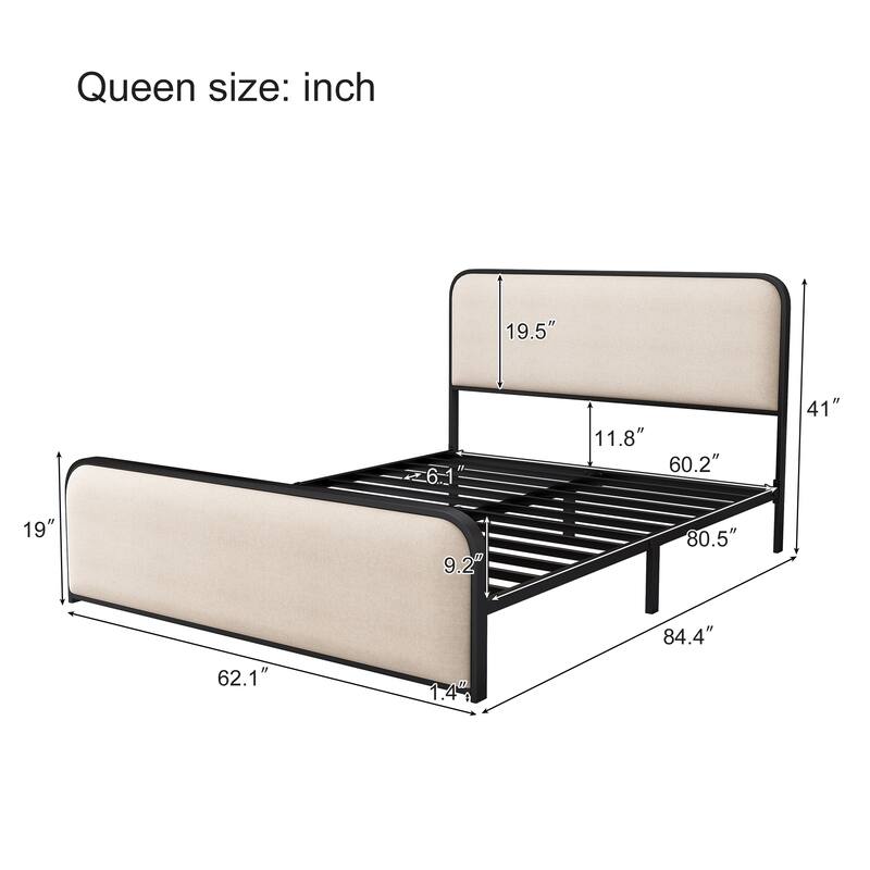 Modern Metal Platform Bed Frame with Upholstered Curved Headboard & Footboard, Heavy Duty Slats, Queen/King