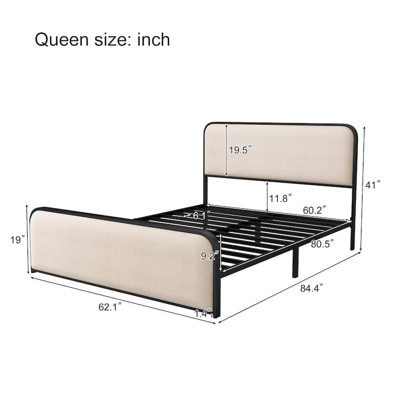 Queen Size Upholstered Platform Bed with 800lb Steel Frame with 7.9" Underbed Storage