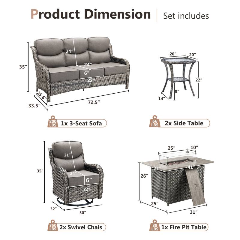 Pocassy 5PCS Outdoor 6Inch Sofa Swivel Chair Table w/ Fire Table