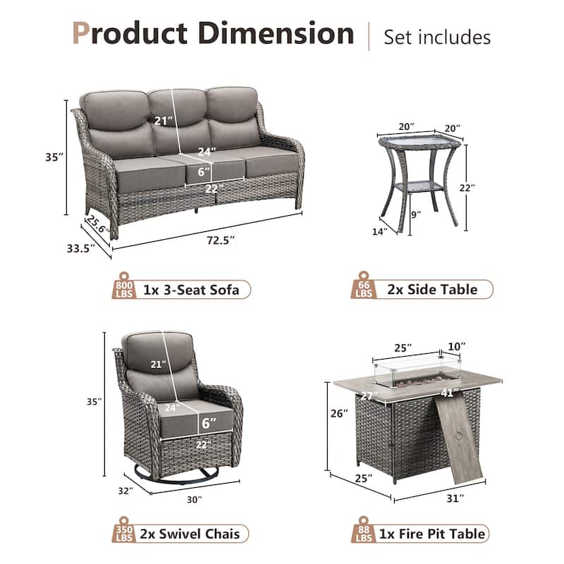 Pocassy Outdoor 6 Inch Sofa Swivel Chairs with Fire Table Set