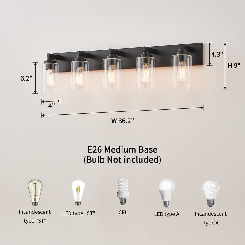 KAWOTI 5-Light Bathroom Vanity Light with Clear Glass Shade