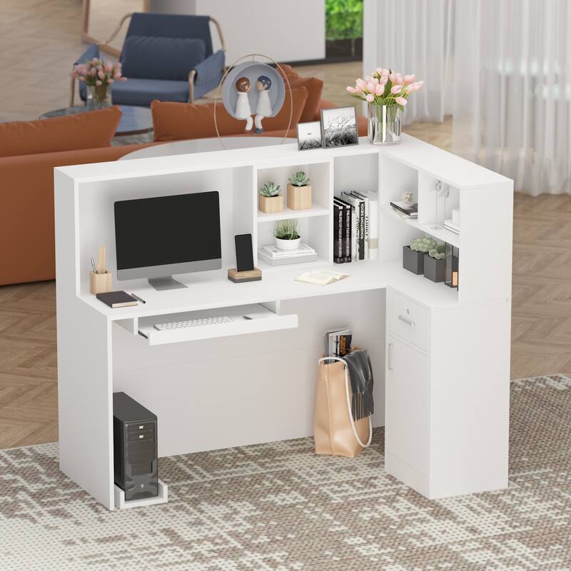 Timechee 55.9"W 48.4"H L-Shape Wood Reception Desk Drawer With Lock