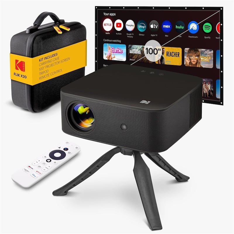 Kodak FLIK X20 Full HD Smart Projector Kit with 100" Screen, Tripod, Remote, Wi-Fi, EVA Case - Black