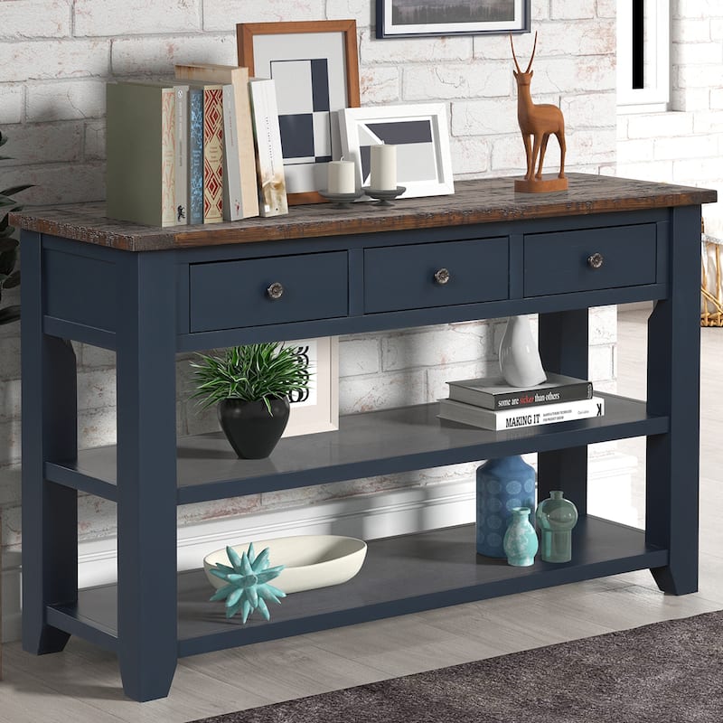 Modern Solid Pine Wood Top Console Table with 3 Drawers and 2 Shelves
