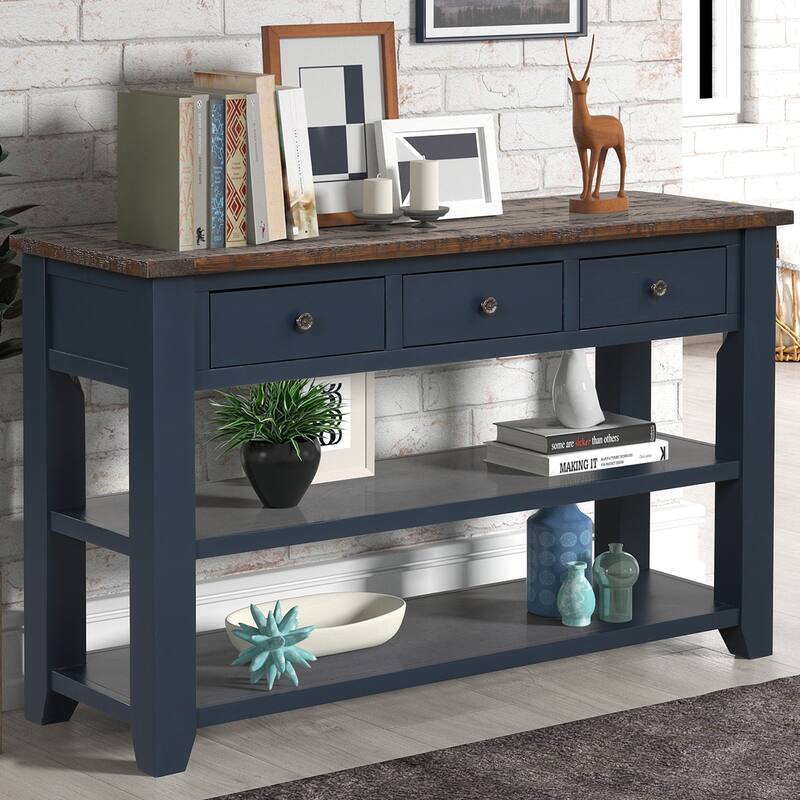 Solid Pine Wood Top Console Table with 3 Drawers and 2 Shelves