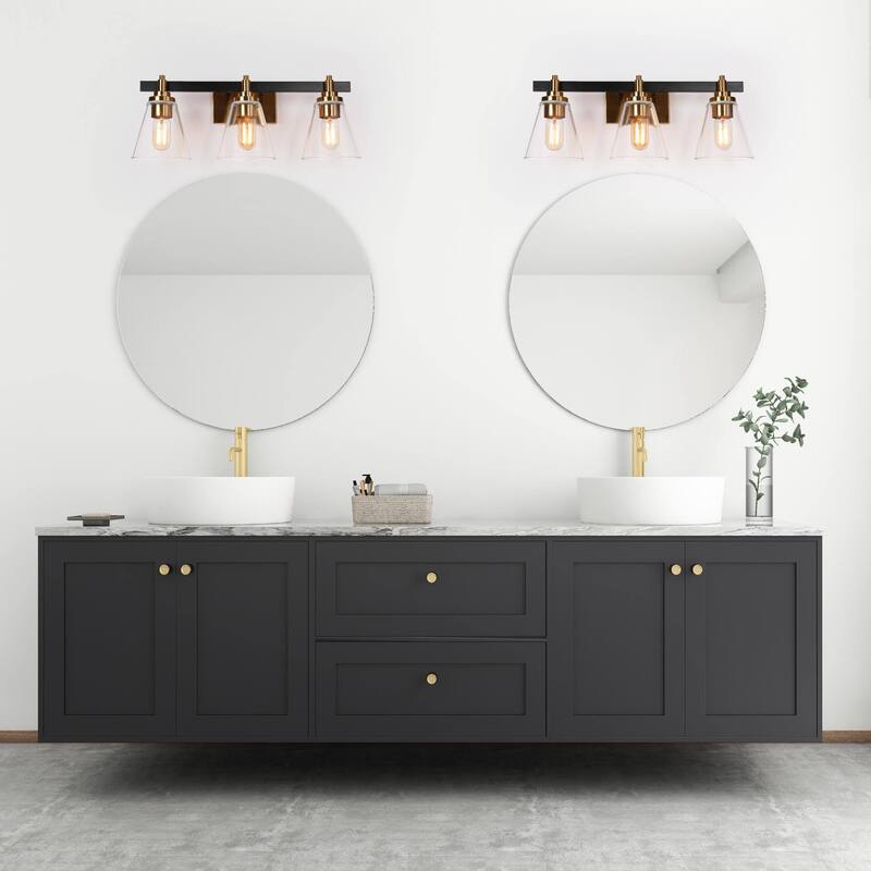 3-Light Mid-Century Modern Black Gold Bathroom Vanity Lights Clear Glass Wall Sconces