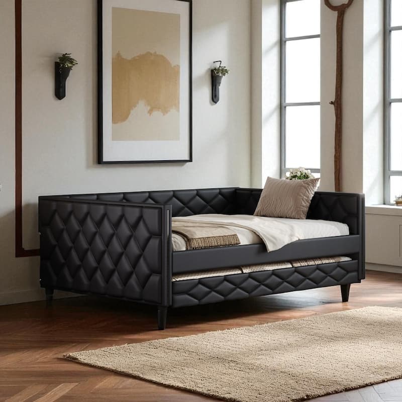 Full XL Upholstered Daybed with Trundle and LED Armrests, PU Leather Sofa Bed with Pull-Out Guest Bed - Black - Full