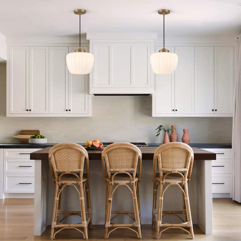 1-Light Matte Brass Pendant Lighting with Ribbed Glass Shade - Matte Brass