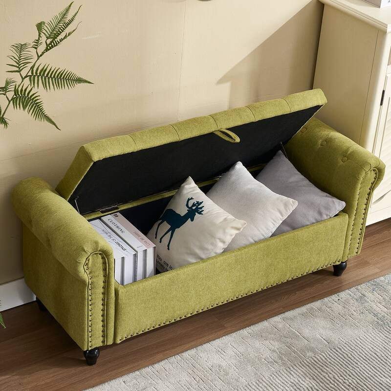 Upholstered Storage Ottoman Bench - Button Tufted Linen Ottoman with Hidden Storage for Living Room or Bedroom