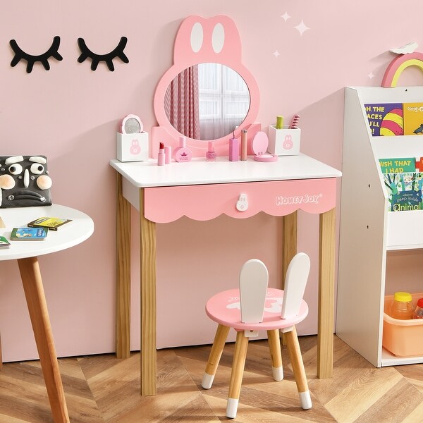 Kids Vanity Set Rabbit Makeup Dressing Table Chair Set with Mirror and Drawer White Costway