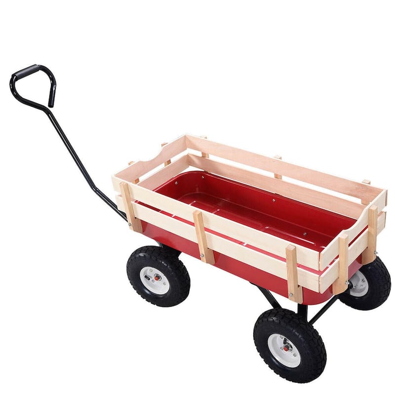 Outdoor Wagon, Wood Railing Garden Cart with 10" Pneumatic Tires