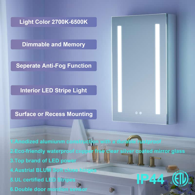 Recessed or Surface 30" H LED Mirror Cabinet with Adjustable Glass Shelves,Defogger, Dimmer And Outlets & USB Ports
