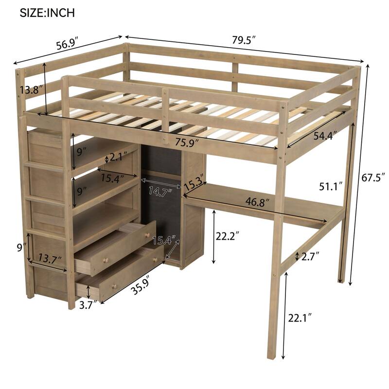 Wood Full Size Loft Bed with Built-in Wardrobe, Desk, Storage Shelves and Drawers