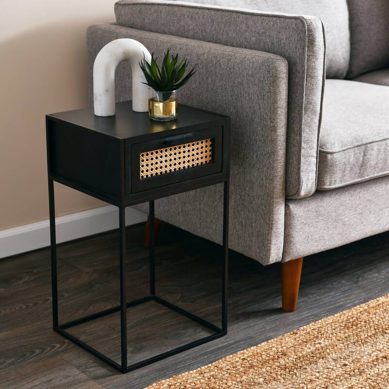 Solid Wood Nightstand with Metal Legs and Woven Cane Drawer Detail