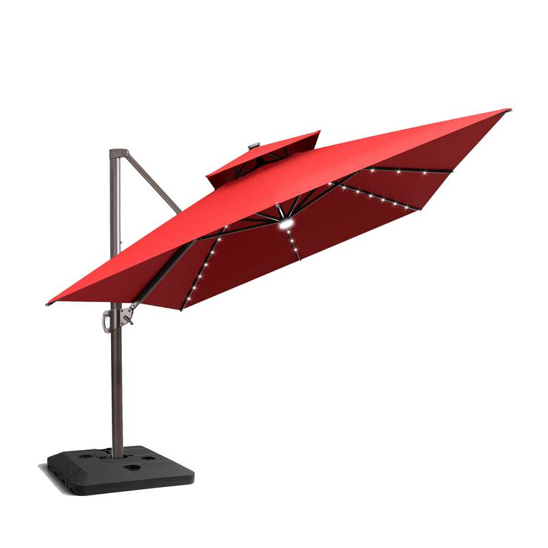 Pellebant 10x13 FT Outdoor Patio Double Top Cantilever Umbrella Solar LED Lighted with 4 Piece Square Offset Umbrella Base - Red