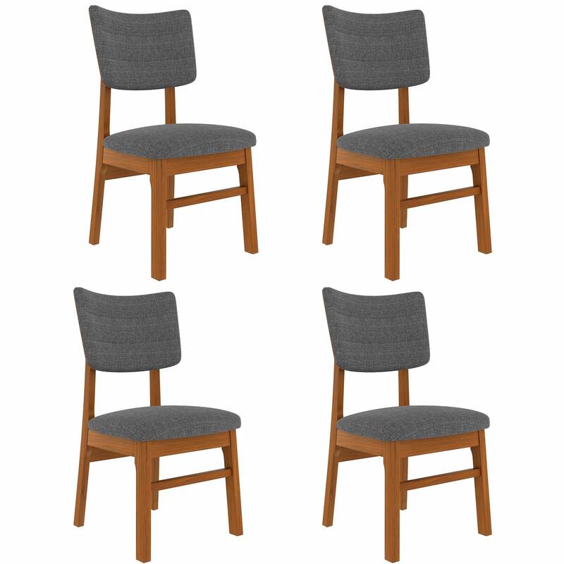 Set of 4 Mid-Century Modern Wooden Dining Chairs, Armless with Upholstered Linen Seat Cushion - Brown+Gray
