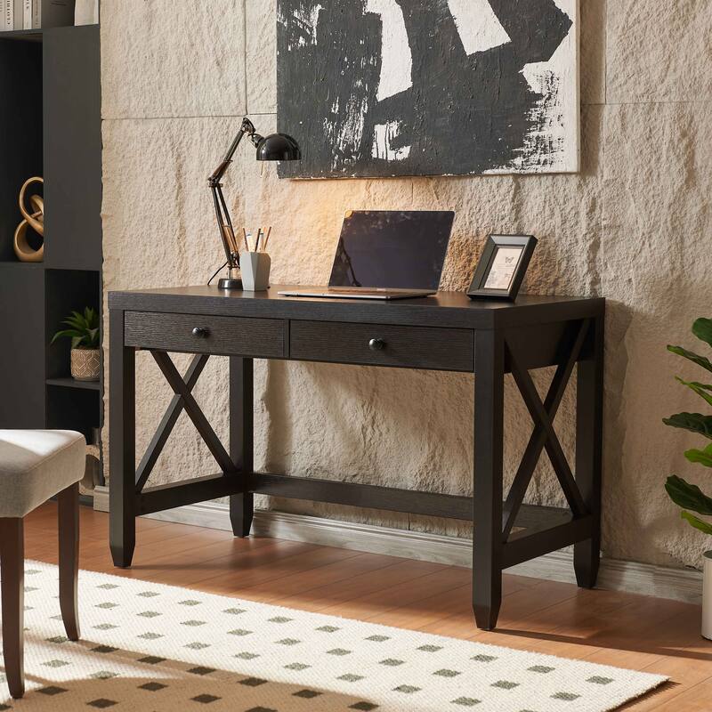 Home Office Desk Writing Table Two Drawers Wooden Knob Handles Finished On The Back X Brace Leg Frame - Espresso