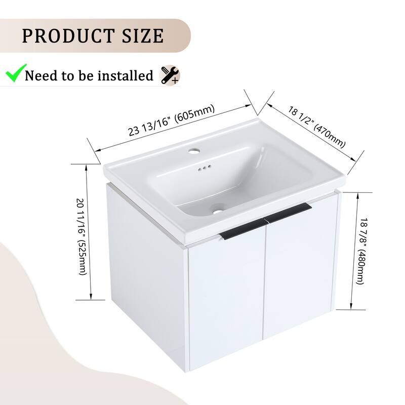 Wall Mounted Bathroom Vanity with Ceramic Basin, Soft Closing Doors, and Metal Handles for Modern Bathroom Storage