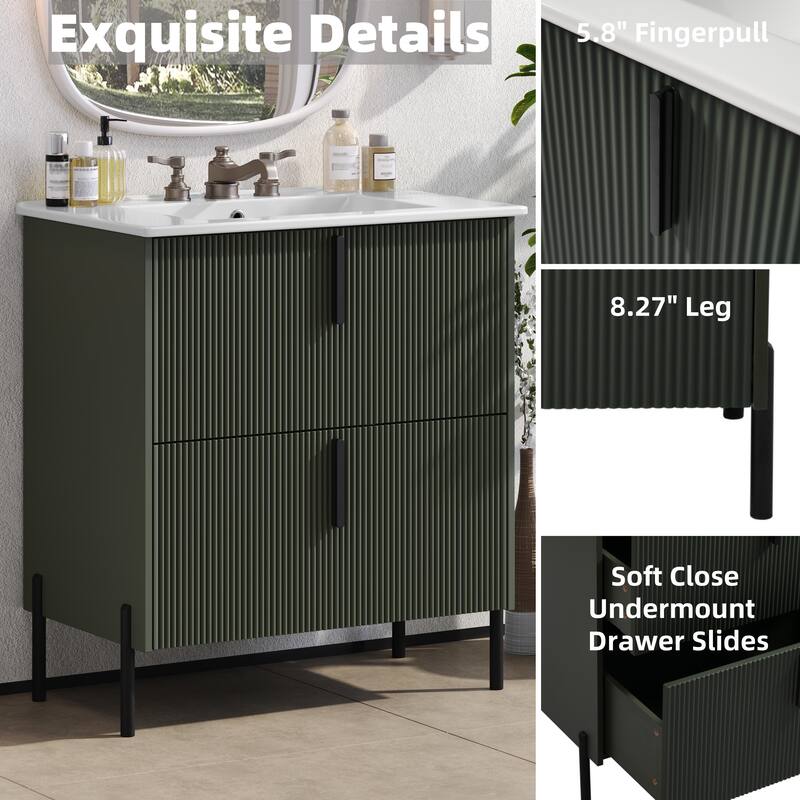 30" Bathroom Vanity with Ceramic Sink, Full-Extension Drawers, Soft-Close Undermount Slides and Fluted Design