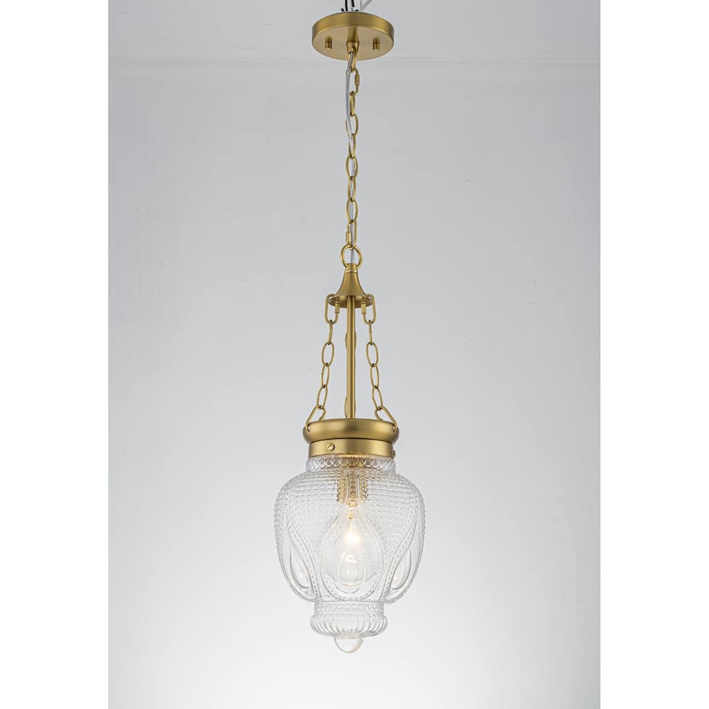 Vintage Brass 1-Light Dome Globe Pendant Light with Clear Textured Glass for Kitchen Island Dining Room