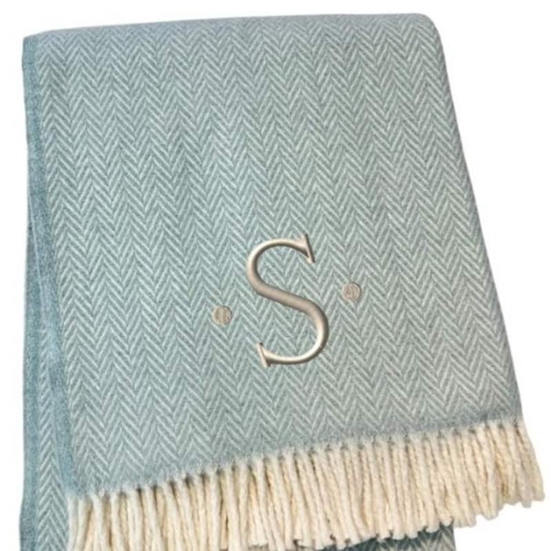 55" X 70" Sky Blue And White Herringbone Cotton Blend S Initial Throw Blanket with Tassels And Embroidery