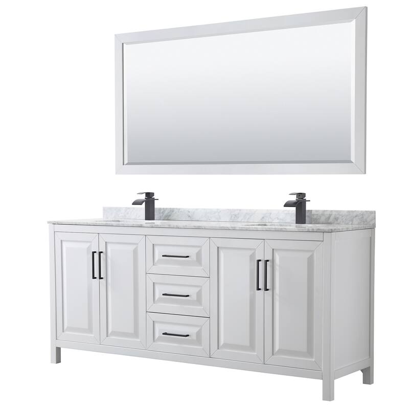 Daria 80-inch Double Vanity, Marble Top, 70-inch Mirror - White, Black Trim, White Carrara Marble Top