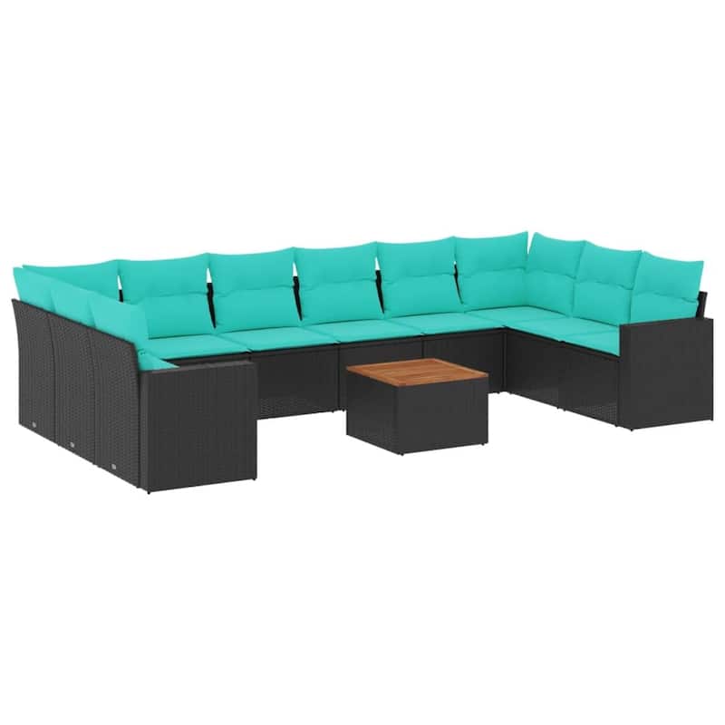 vidaXL 11 Piece Patio Sofa Set with Cushions Black Poly Rattan - 24.4 x 24.4 x 27.2 (W x D x H)