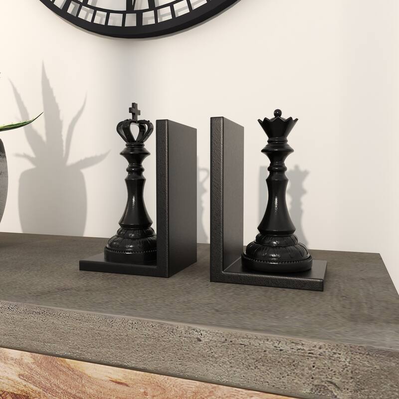 Black Polystone Chess Decorative Bookends with King and Queen (Set of 2)