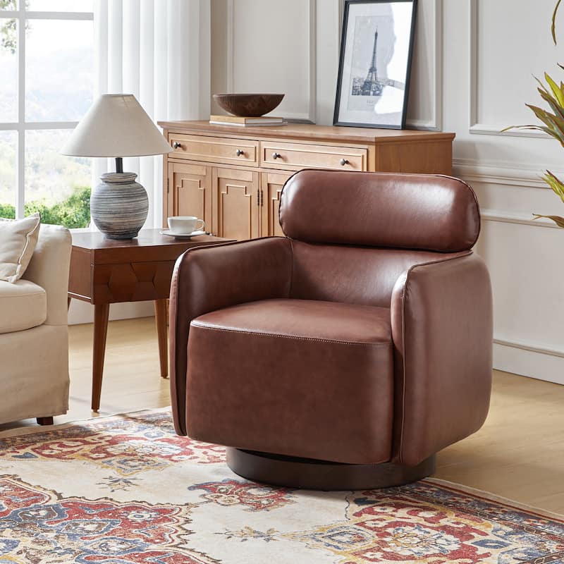 Raphael Modern Swivel Genuine Leather Barrel Chair - Brown