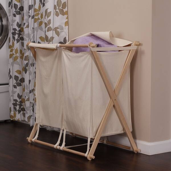 slide 2 of 5, Collapsible Wood X-Frame Double Laundry Hamper Sorter