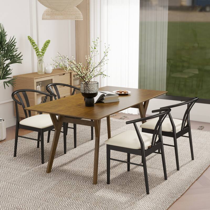 Roundhill Furniture Lavin Modern 5-Piece Dining Set, Walnut Finished Dining Table with 4 Curved Back Chairs - Black