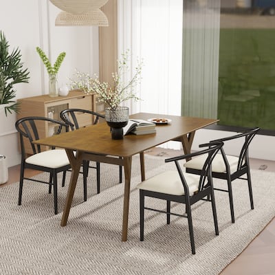 Roundhill Furniture Lavin Modern 5-Piece Dining Set, Walnut Finished Dining Table with 4 Curved Back Chairs