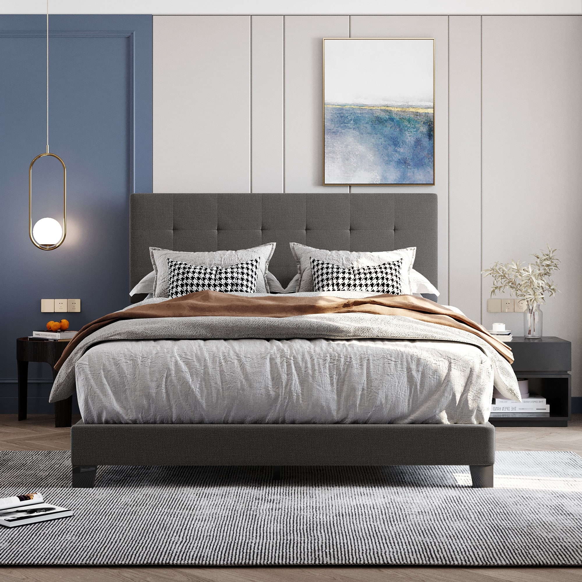 Grey tufted queen store bed frame