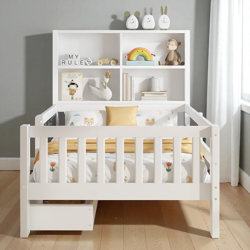 Twin/Full Solid Wood Platform Bed with Chalkboard Headboard, Storage Drawers and Shelves, Space-Saving Kids Bed