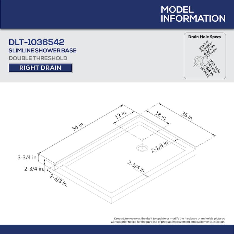 DreamLine SlimLine 36 in. D x 54 in. W x 2 3/4 in. H Double Threshold Shower Base - 36" x 54"
